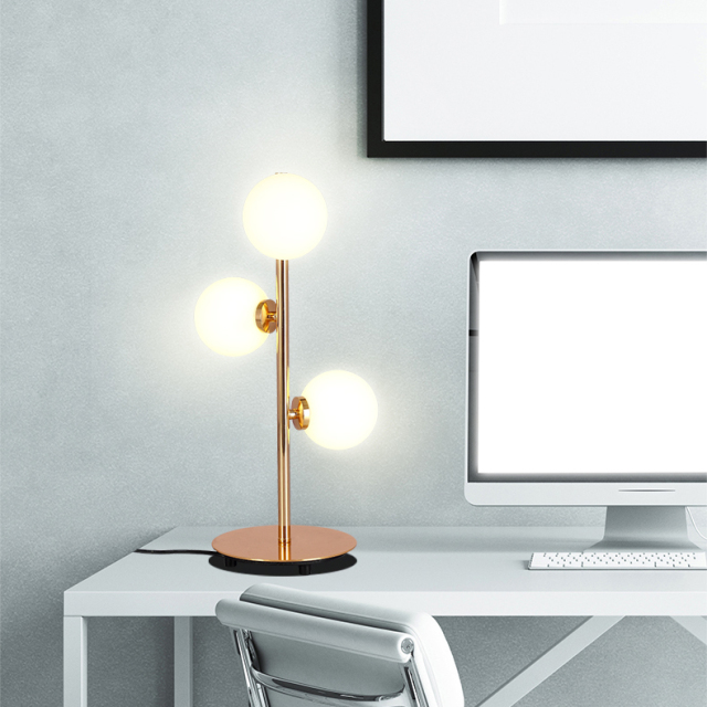 Modern Style 3-Light Table Lamp in Gold with Opal Glass Globes