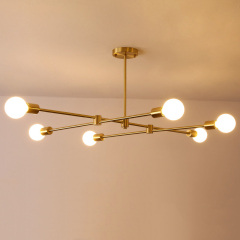 Mid Century Industrial 6 Light Branching Chandelier in Brushed Brass for Dining Room and Living Room Lighting