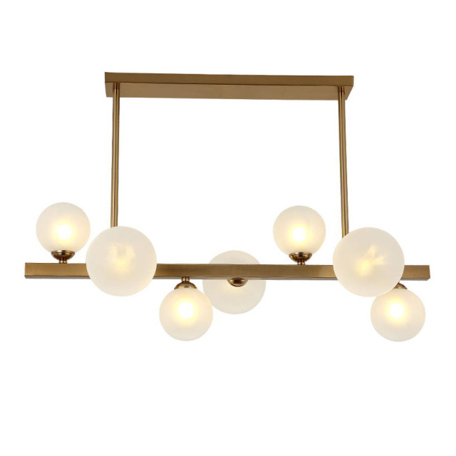 Mid Century Modern 7 Light Linear Chandelier Brass Bubble Beam Island Light with Opaline Glass Globes