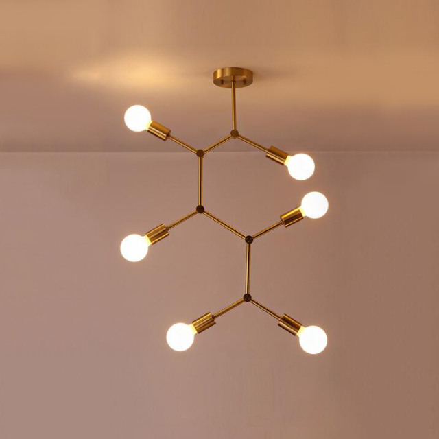 Mid Century Modern 6 Light Branching Ceiling Lamp in Brass