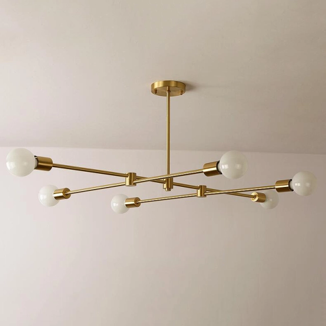 Mid Century Industrial 6 Light Branching Chandelier in Brushed Brass for Dining Room and Living Room Lighting