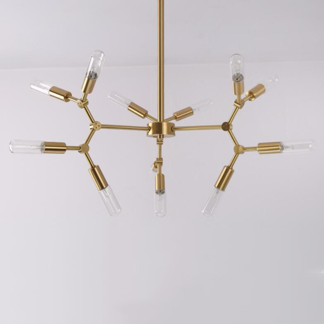 Mid Century Modern Brass Branching Chandelier 12 Light with Frosted/Clear Glass
