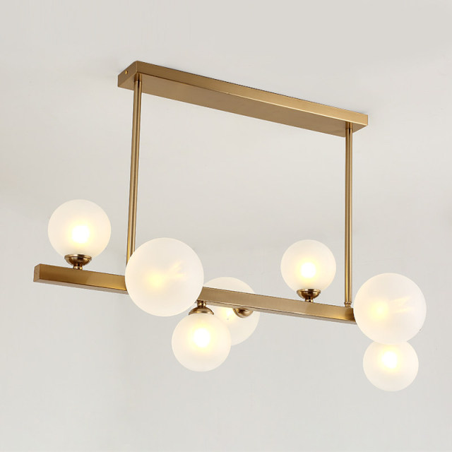 Mid Century Modern 7 Light Linear Chandelier Brass Bubble Beam Island Light with Opaline Glass Globes