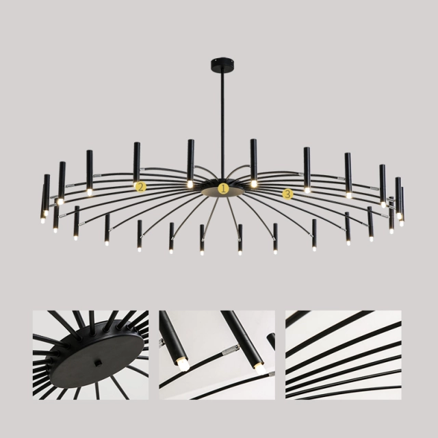 Modern 24 Light Large Black Radial Chandelier with Adjustable Heads for Living Room Foyer Entryway