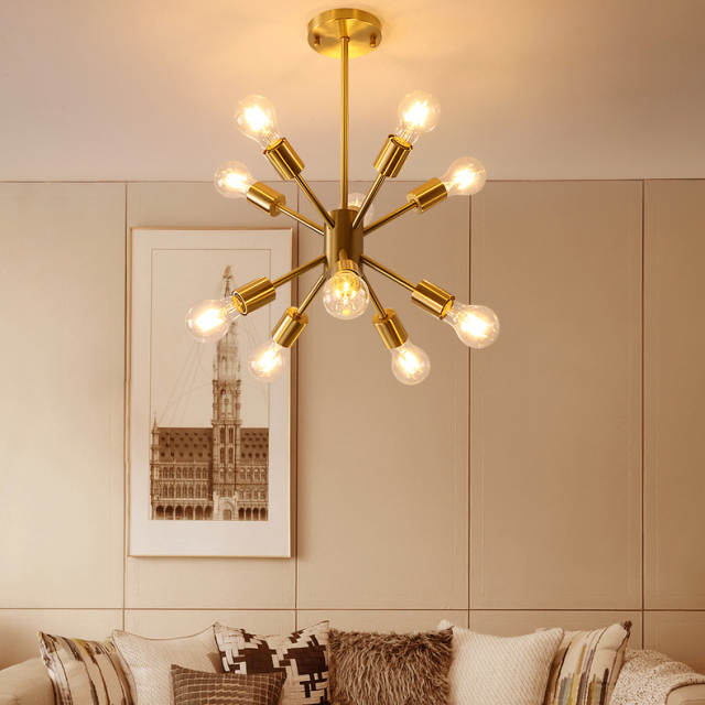 Mid Century Modern 10-Light Sputnik Chandelier in Brushed Brass