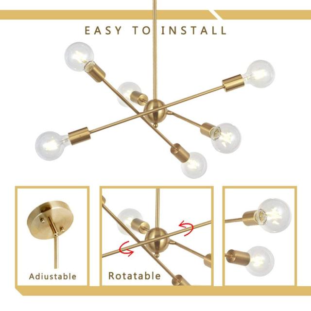 Modern Sputnik Chandelier 6 Lights Gold for Hallway Bar Dining Room