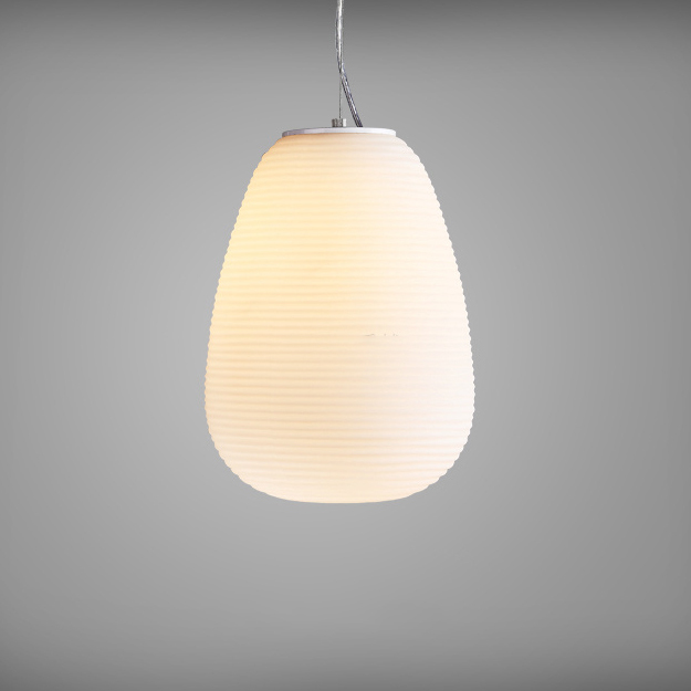 Modern White 1 Light Pendant Light with Ribbed Blown Glass Shade