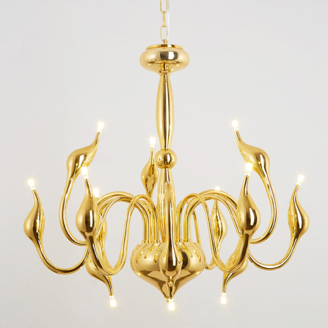 Mid Century Modern 12 Light Swan Chandelier in High Lustre Gold Plated Finish for Foyer, Living Room or Bedroom
