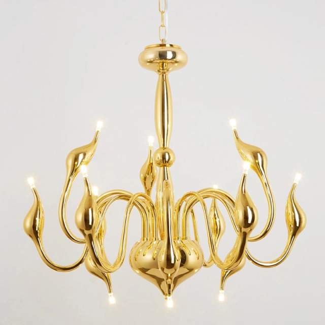 Mid Century Modern 12 Light Swan Chandelier in High Lustre Gold Plated Finish for Foyer, Living Room or Bedroom