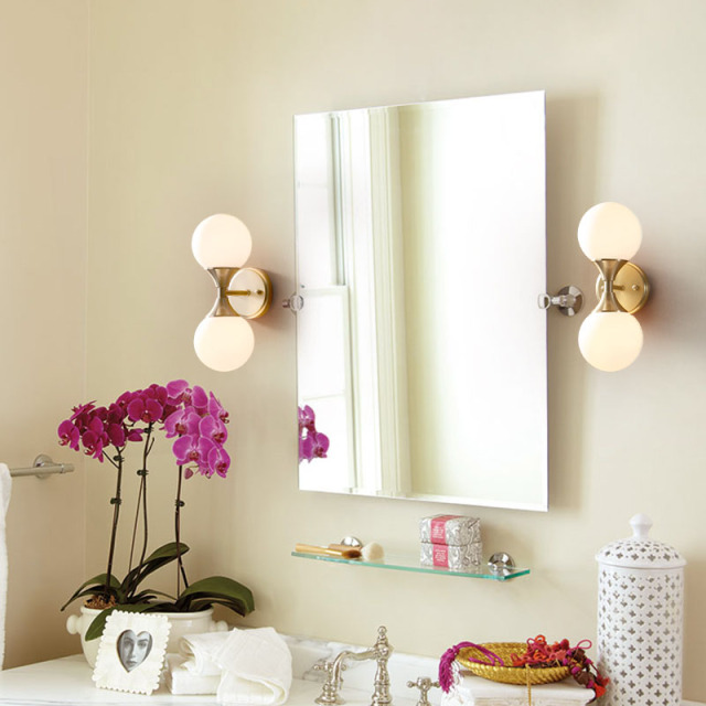 Modern Brass 2-Light Wall Sconce Bathroom Vanity Light with Opal Globes