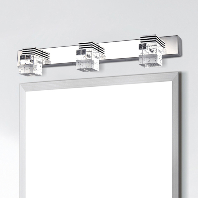 Contemporary 3-Light LED Vanity Light in Chrome with Crystal Glass Squares