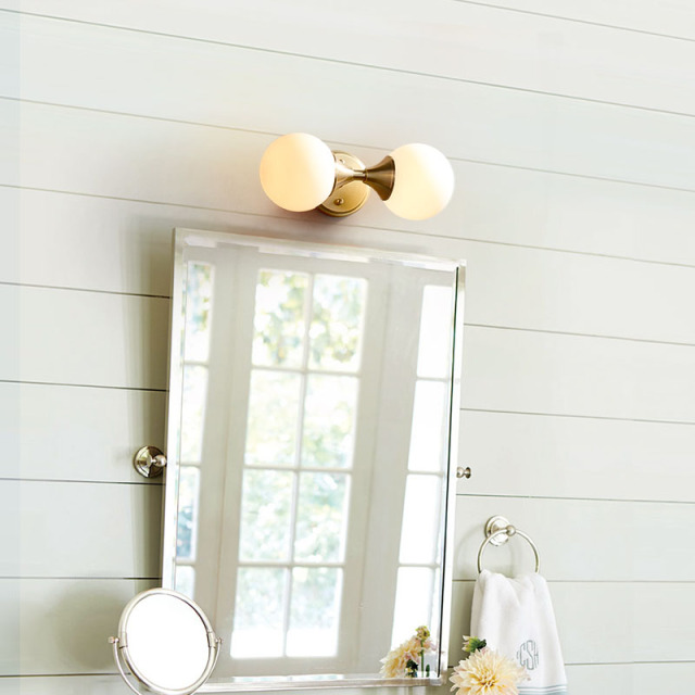 Modern Brass 2-Light Wall Sconce Bathroom Vanity Light with Opal Globes