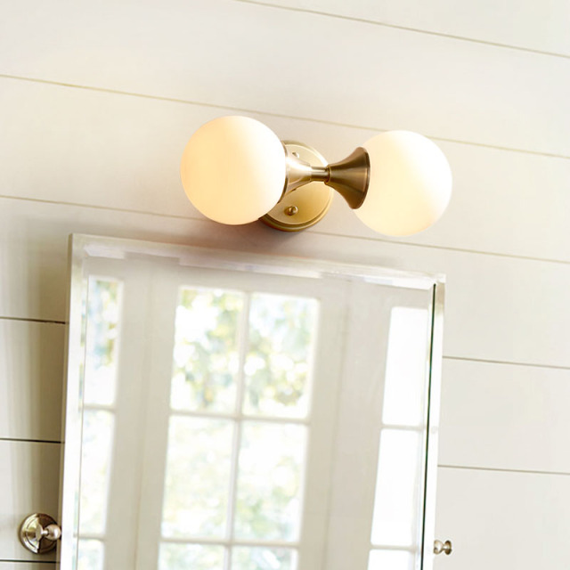 Modern Brass 2-Light Wall Sconce Bathroom Vanity Light with Opal Globes