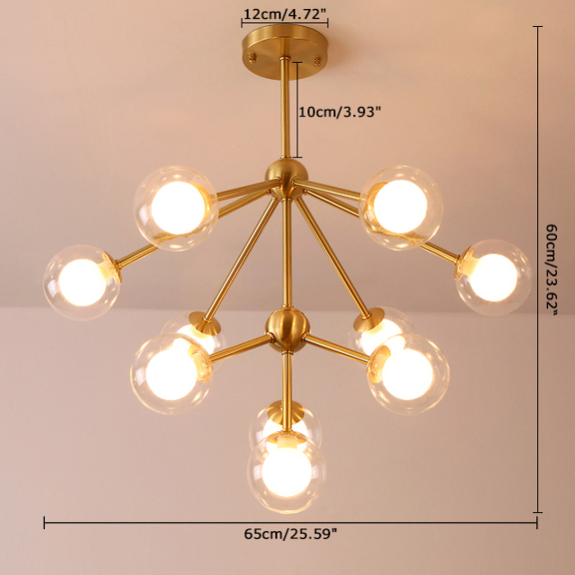 Modern 4 Light Semi Flush Ceiling light in Brass with Globe Glass Shade