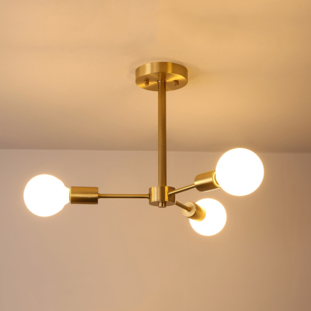 Mid Century Modern Branching 6 Light Semi Flush Mount Dimmable in Brass Bedroom Dinning Room