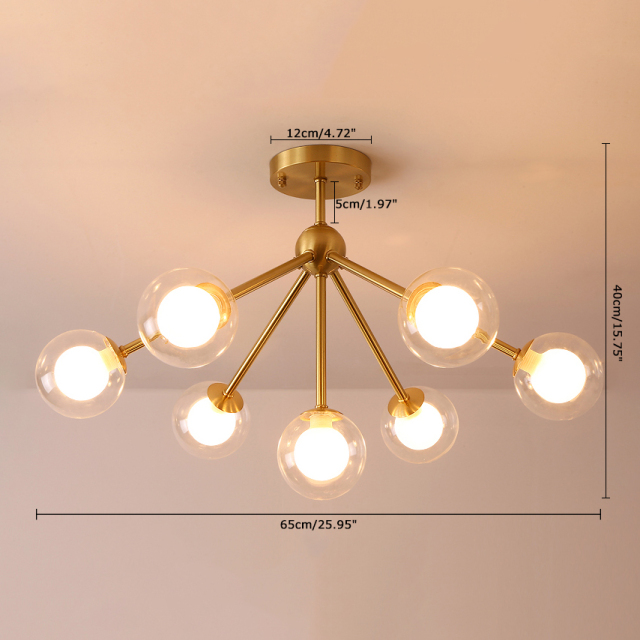 Modern 4 Light Semi Flush Ceiling light in Brass with Globe Glass Shade