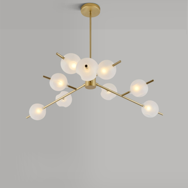 Modern 12 Light Chandelier in Brass with Frosted Glass Globes