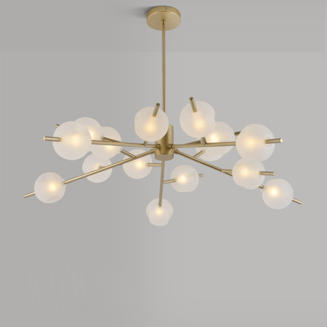Modern 12 Light Chandelier in Brass with Frosted Glass Globes