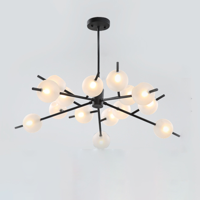 Modern 12 Light Chandelier in Brass with Frosted Glass Globes