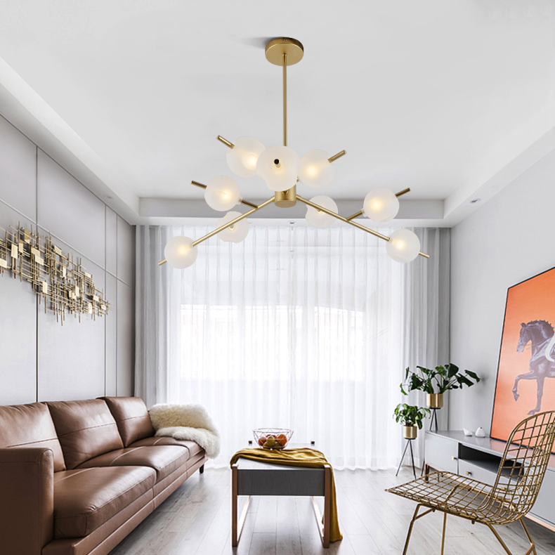 Modern 12 Light Chandelier in Brass with Frosted Glass Globes,ROOMS