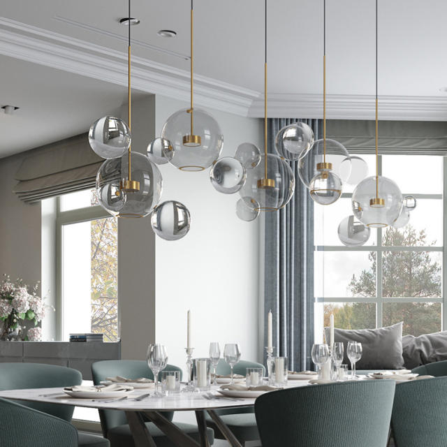 Modern Soap Bubble Clear Globe Glass 3 Light Dimmable LED Multi Light Pendant Lamp for Kitchen Island Dining Room Light