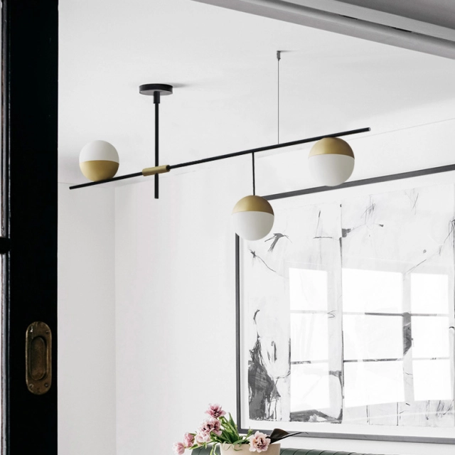 Mid-Century Modern 3 Light Linear Ceiling Light in Black and Brass with Glass Globes for Dining Room Kitchen Island Restaurant