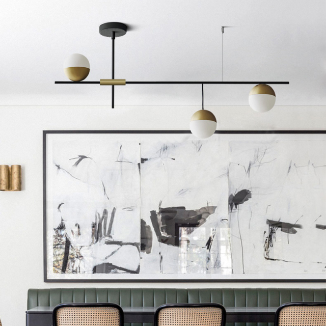 Mid-Century Modern 3 Light Linear Ceiling Light in Black and Brass with Glass Globes for Dining Room Kitchen Island Restaurant