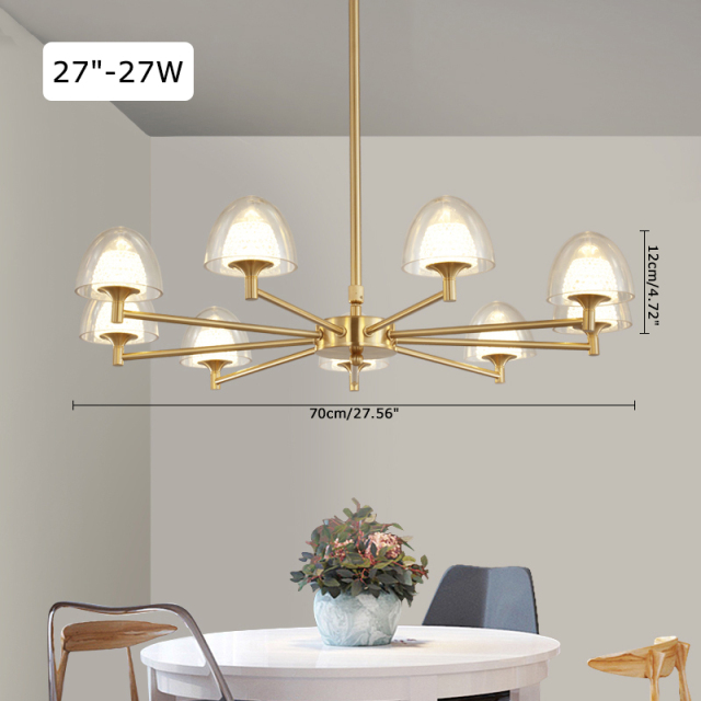 Mid Century Modern 9-Light LED Uplight Chandelier in Brass with Mushroom Shade for Dining Room Living Room