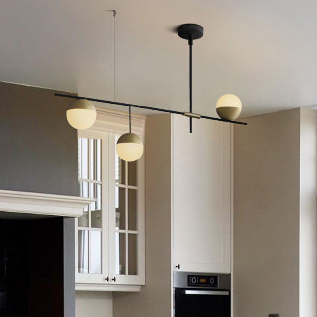 Mid-Century Modern 3 Light Linear Ceiling Light in Black and Brass with Glass Globes for Dining Room Kitchen Island Restaurant