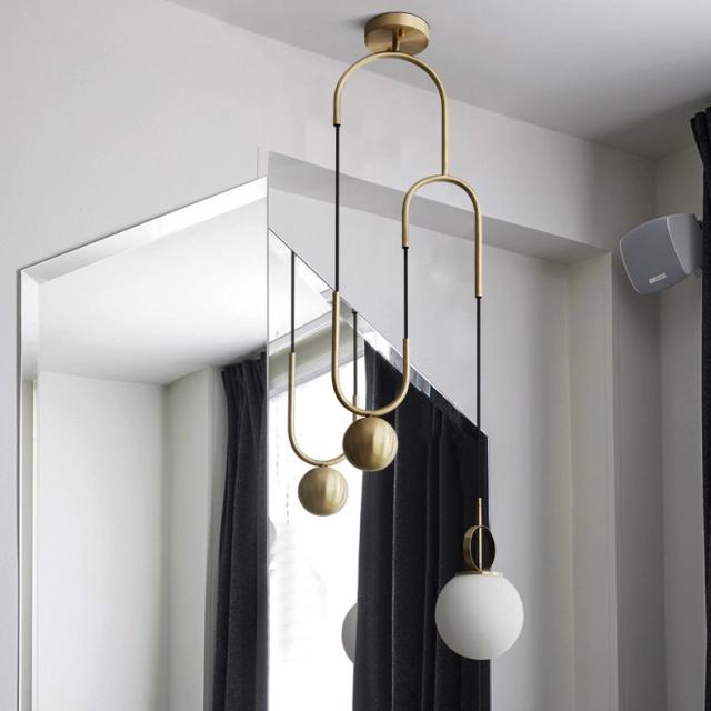 Mid-Century Modern 1 Light Brass Lifting Pendant Light with Opal Globes Hight Adjustable for Bar Restaurant Dining Room Lighting