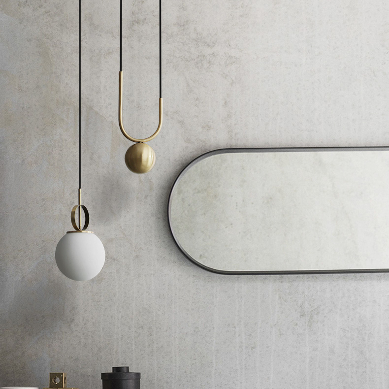 Mid-Century Modern Single Brass Corner Hanging Globe Nightstand Pendant Light for Bedroom Living Room Kitchen