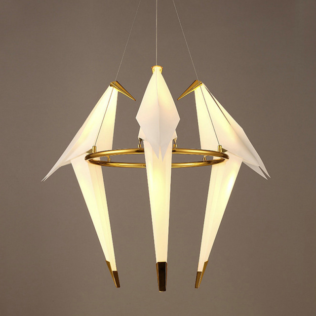 Mid Century Modern Golden Crane LED Branch 5 Light Suspension Lamp Chandelier