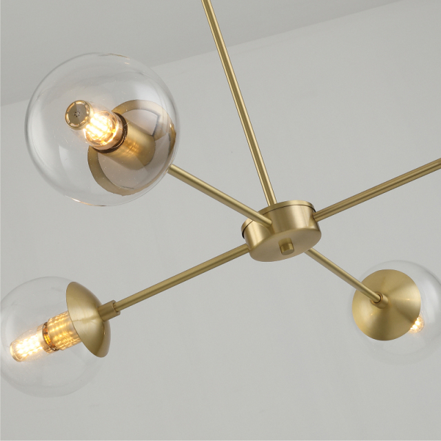 Mid Century Modern 4 Light Sputnik Chandelier in Brass with Clear Glass Globes
