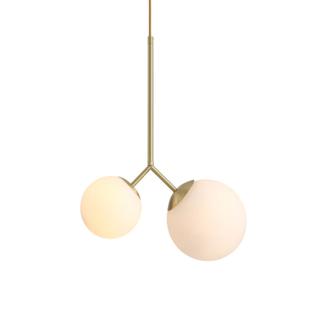 Mid-century Modern Dual-head Brass Hanging Pendant Lamp with Opaline Glass Shades