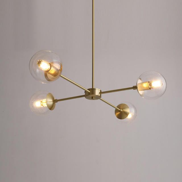 Mid Century Modern 4 Light Sputnik Chandelier in Brass with Clear Glass Globes