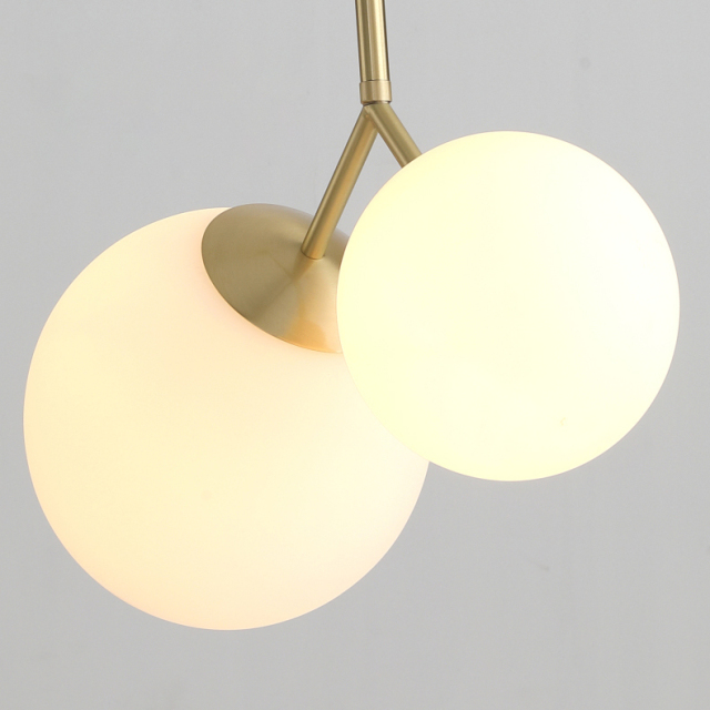 Mid-century Modern Dual-head Brass Hanging Pendant Lamp with Opaline Glass Shades