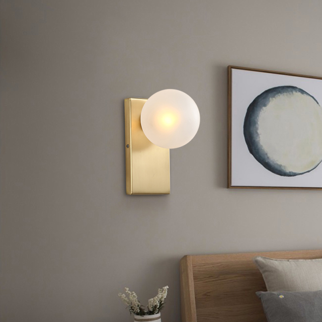 Mid Century Modern Rectangle Brass Wall Sconce with Opal Globe Shade