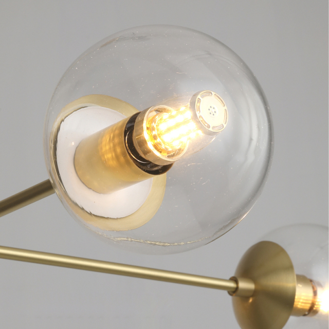 Mid Century Modern 4 Light Sputnik Chandelier in Brass with Clear Glass Globes