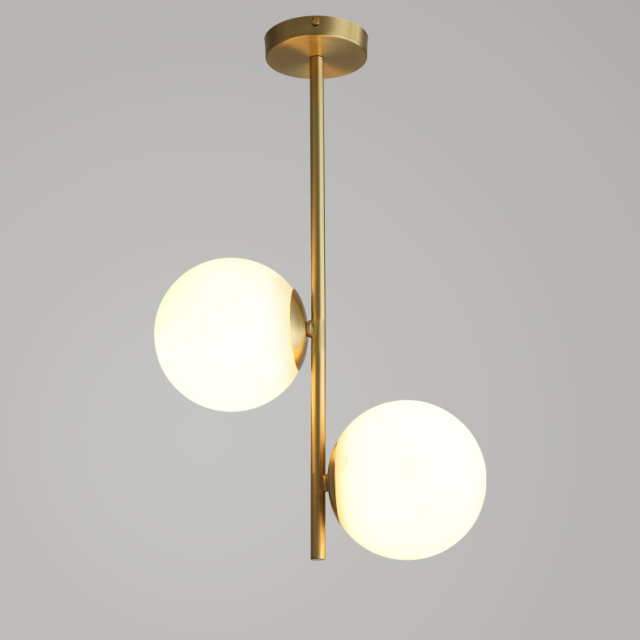 Mid Century Modern 2 Light Brass Pendant Light with Opal Hand-blown Glass Shade for Bedside Kitchen Restaurant Lighting