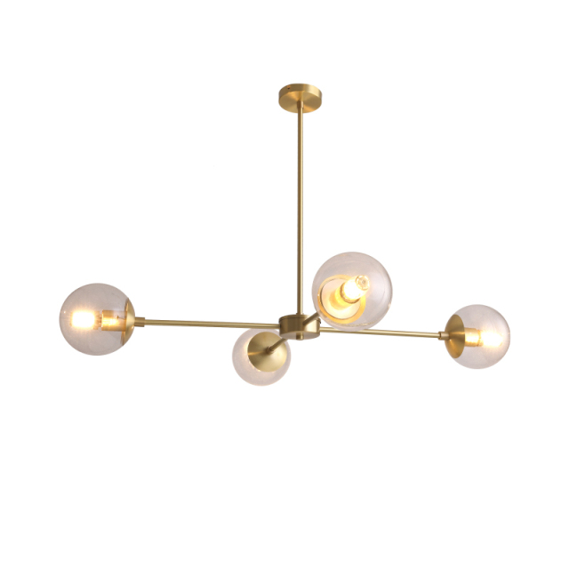 Mid Century Modern 4 Light Sputnik Chandelier in Brass with Clear Glass Globes