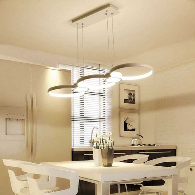 Modern White Three Rings LED Linear Chandelier for Long Dining Table Restaurant Lighting