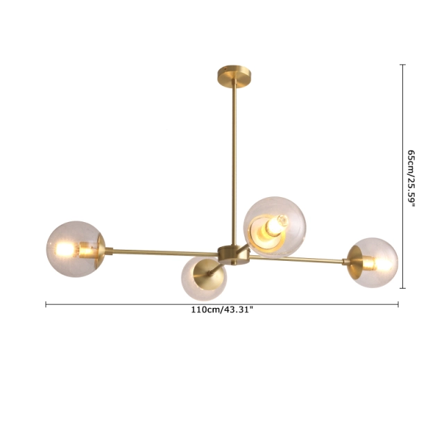 Mid Century Modern 4 Light Sputnik Chandelier in Brass with Clear Glass Globes