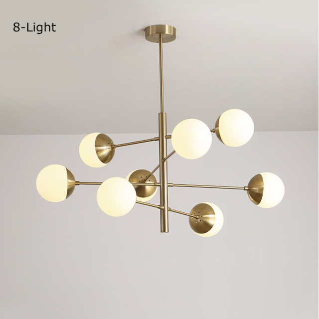 Mid Century Modern 8/10 Light Brass Chandelier with Opal Globes for Dinging Table Living Room Restaurant