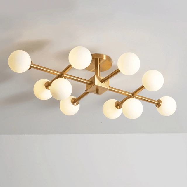 Mid Century Modern 6/10 Light Brass Semi Flush Mount Ceiling Light with Opal Globes