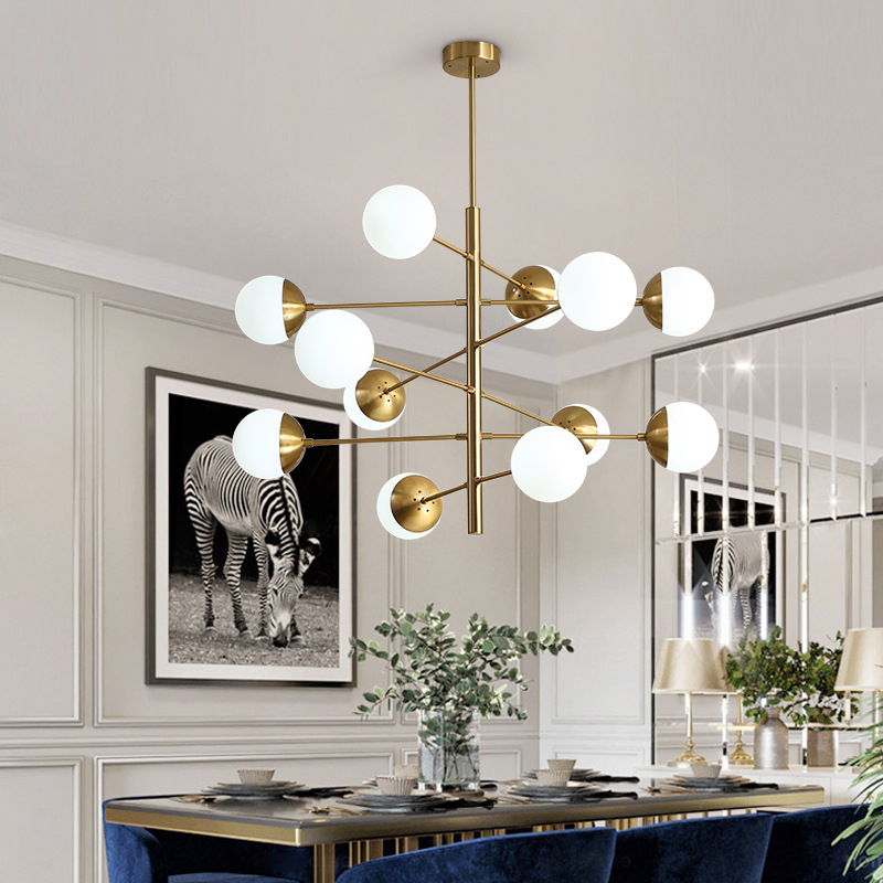 Mid Century Modern 8/10 Light Brass Chandelier with Opal Globes for Dinging Table Living Room Restaurant