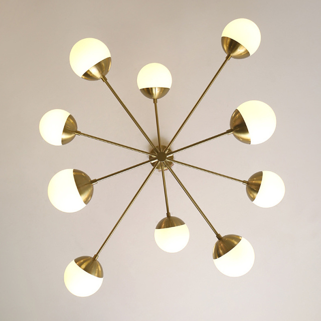 Mid Century Modern 8/10 Light Brass Chandelier with Opal Globes for Dinging Table Living Room Restaurant