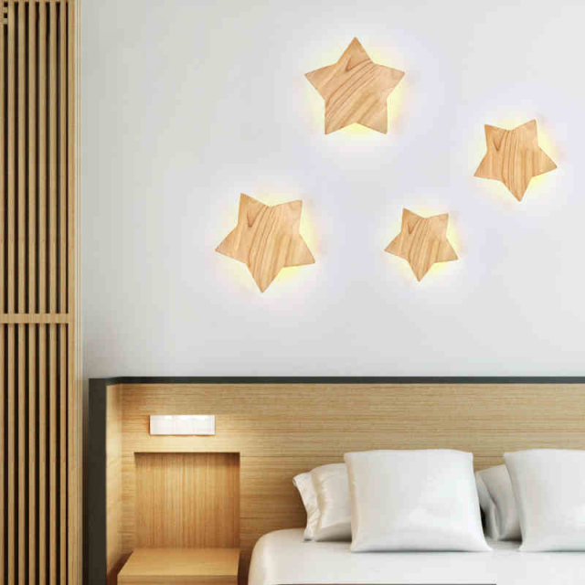 Modern LED Lighting Wooden Star Shaped Wall Lamp for Kid's Room Lighting