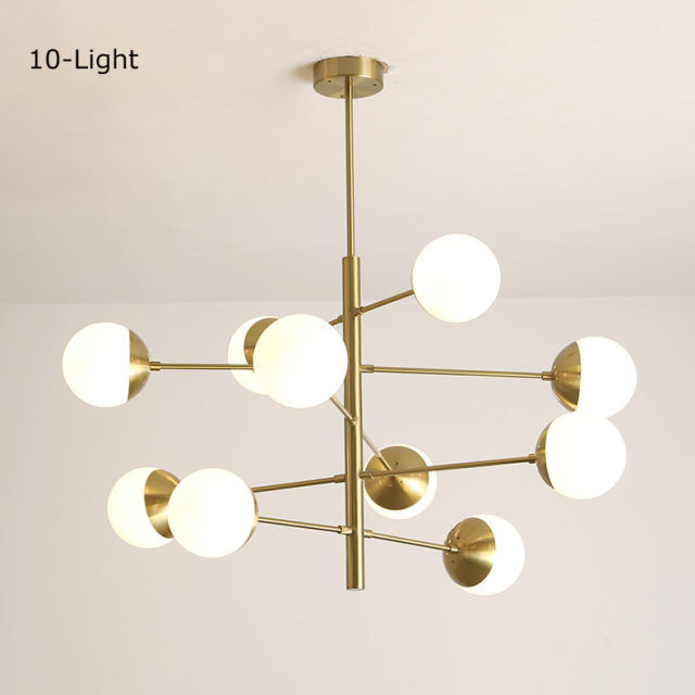 Mid Century Modern 8/10 Light Brass Chandelier with Opal Globes for Dinging Table Living Room Restaurant