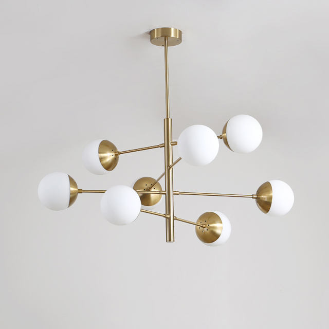 Mid Century Modern 8/10 Light Brass Chandelier with Opal Globes for Dinging Table Living Room Restaurant