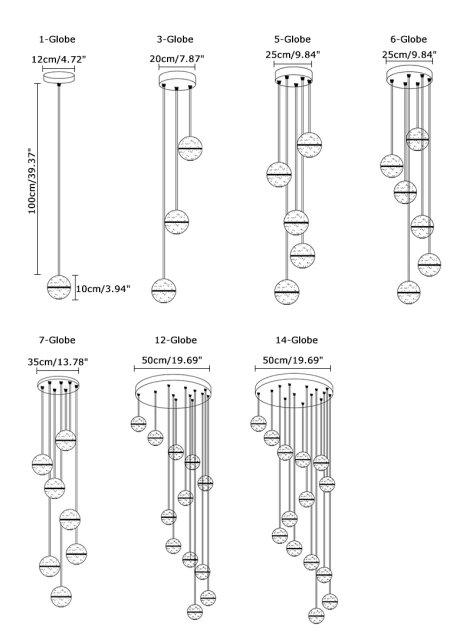 Modern Design Crystal Ball Collection Staircase Pendant Light with Glass Balls for High Ceiling Stairwell Foyer